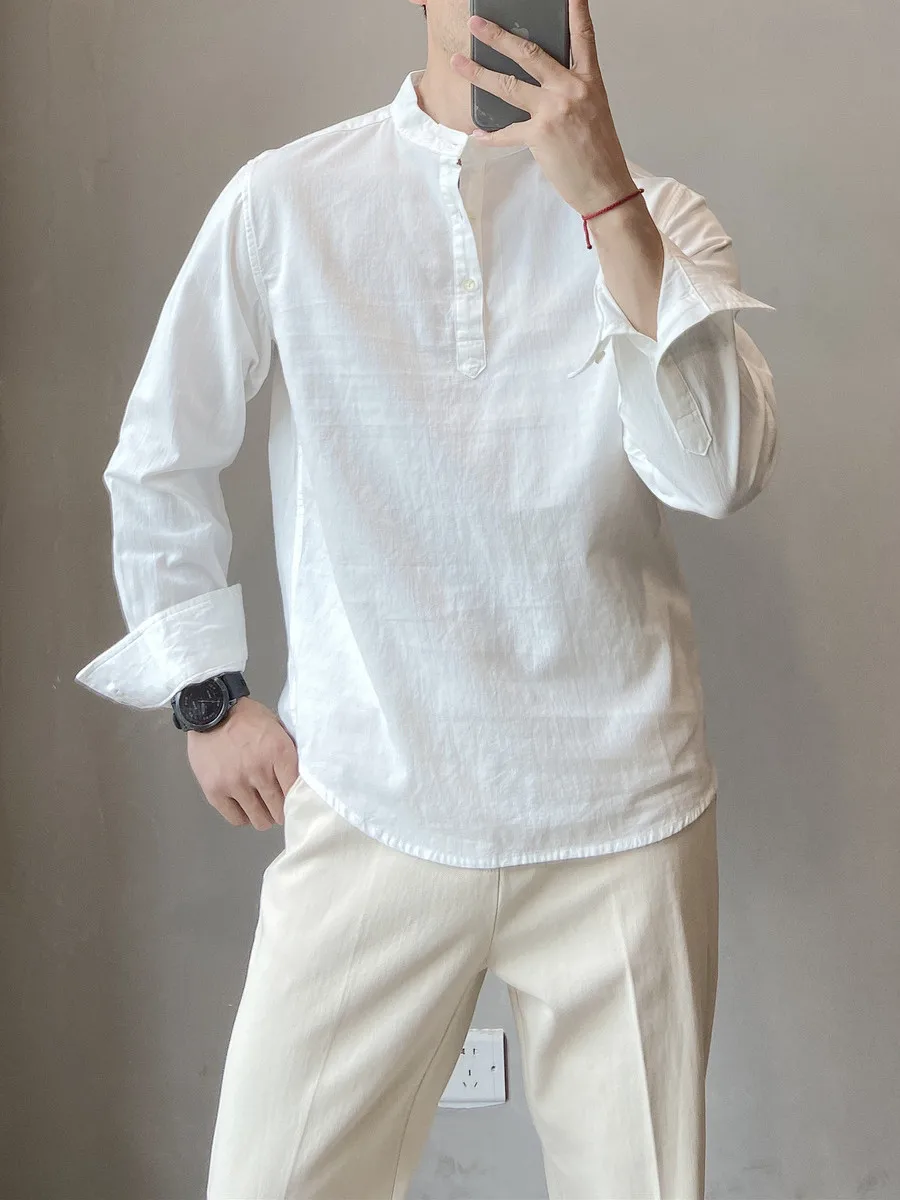 

Loose Fit Long Sve Men's irt Henry Collar Overhead round Ne Spring Autumn Casual Sle Pure Color Breathable Comfortable