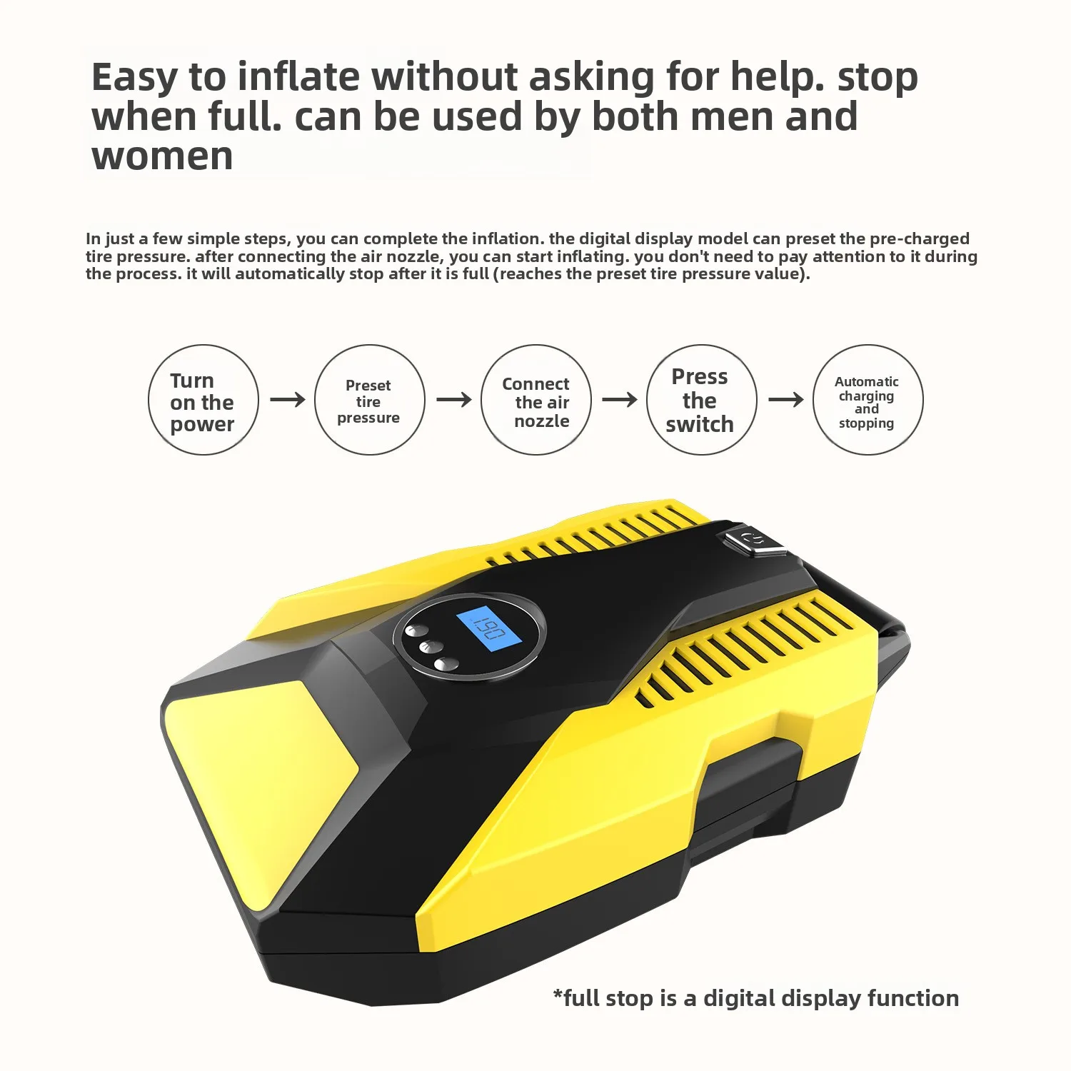 

Портативный автомобильный воздушный насос 12В с интеллектуальным цифровым дисплеем, предустановкой давления в шинах и автоматической остановкой подачи воздуха