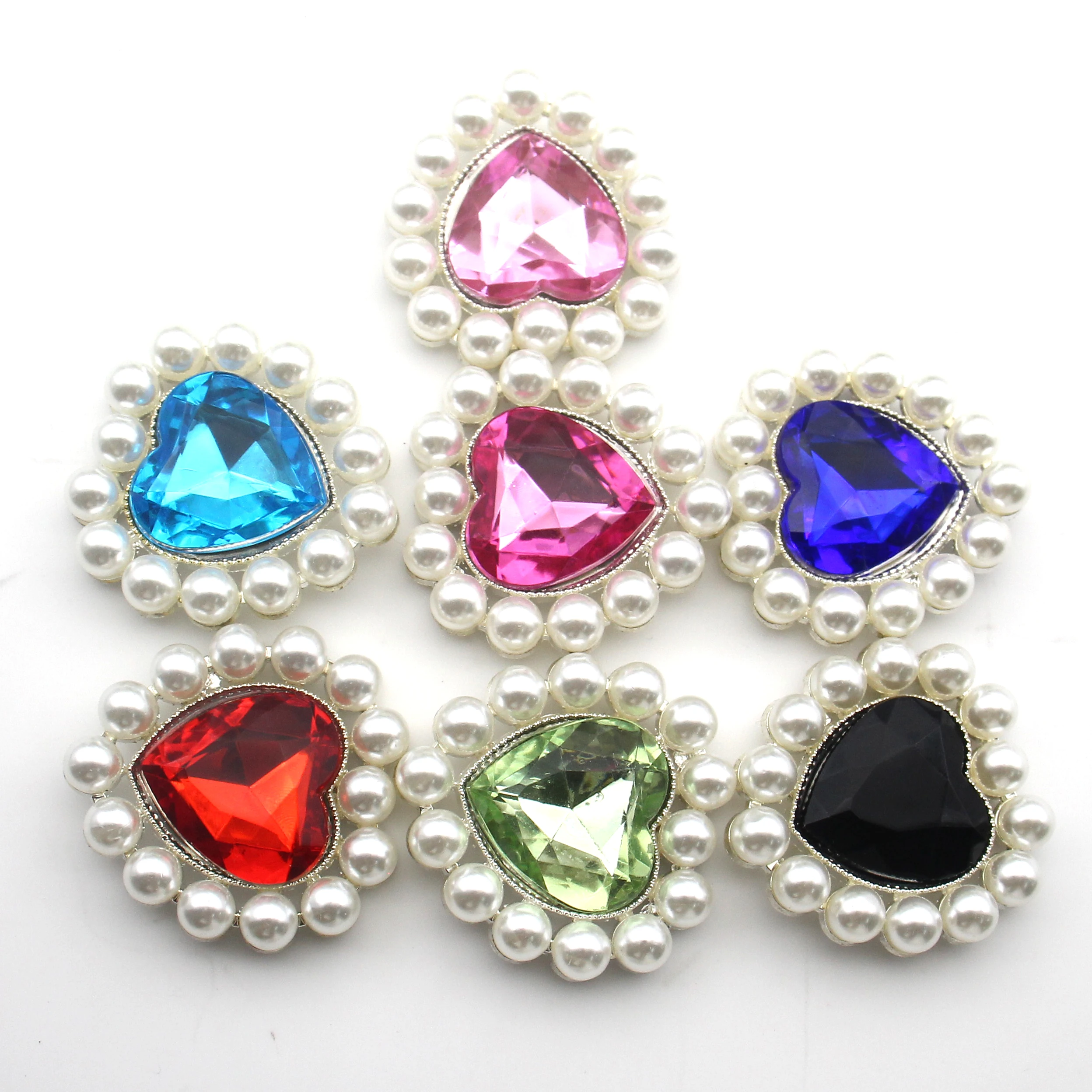 5Pcs Heart Rhinestone Pearl Bezel Charms 3.3cm×3.4cm Multicolor Acrylic Crystal Appliques For Bikini Wedding Dress DIY Jewelry M