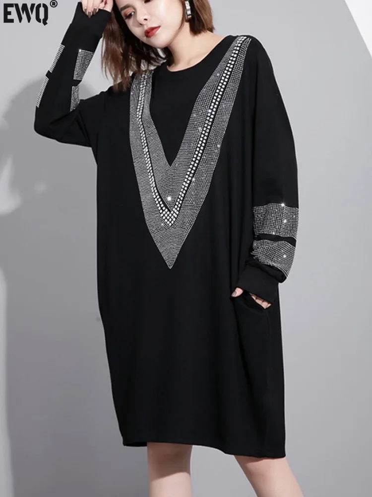 

EWQ Free Size Women Black Rhinestones Shining Big Size Dress New Round Neck Long Sleeve Fashion Tide Spring Autumn 2024 JC332