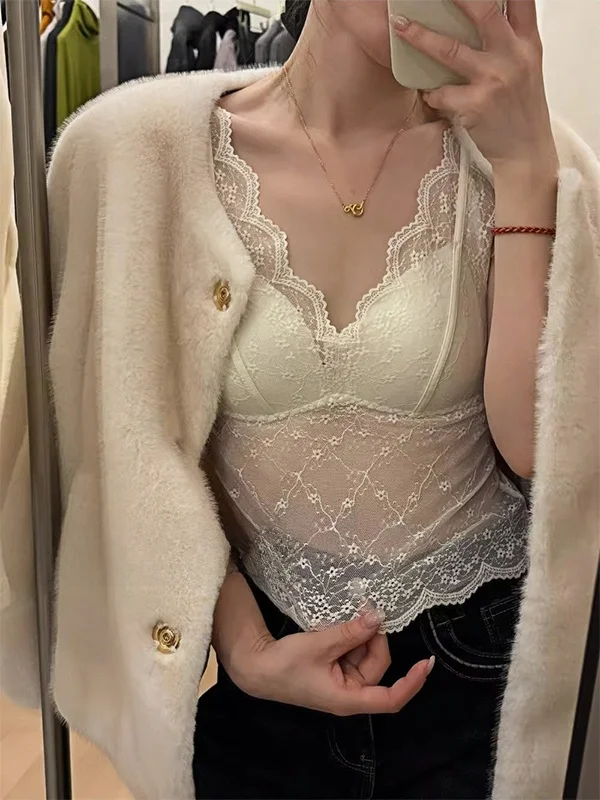 Lace Strap Vest Women Sexy V-neck Bralette Integrated Cup Inner Wear Beautiful Back Pure Desire Luxury Top Summer