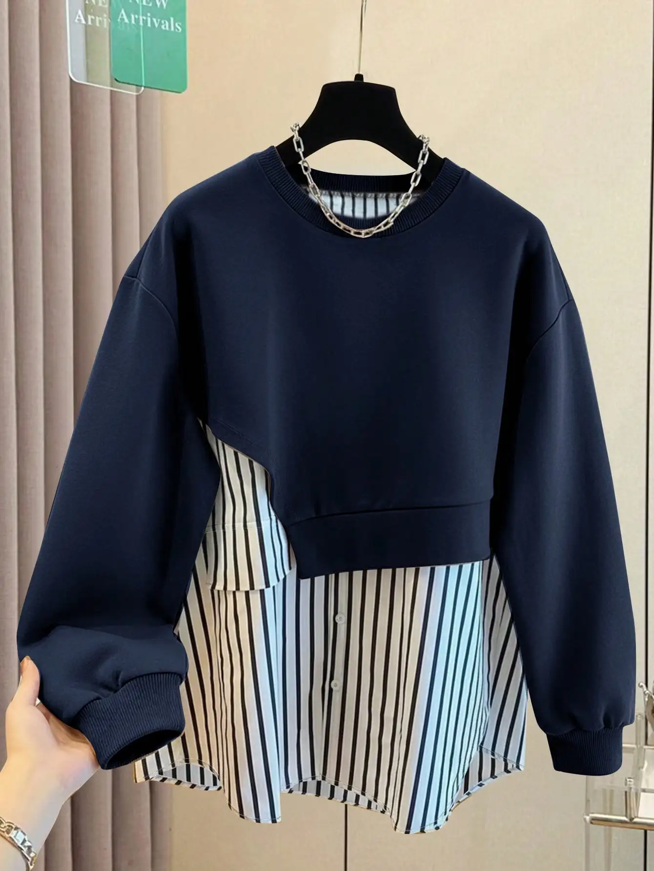 Sudadera informal con cuello redondo y retales a rayas para mujer, Top de manga larga holgado de otoño