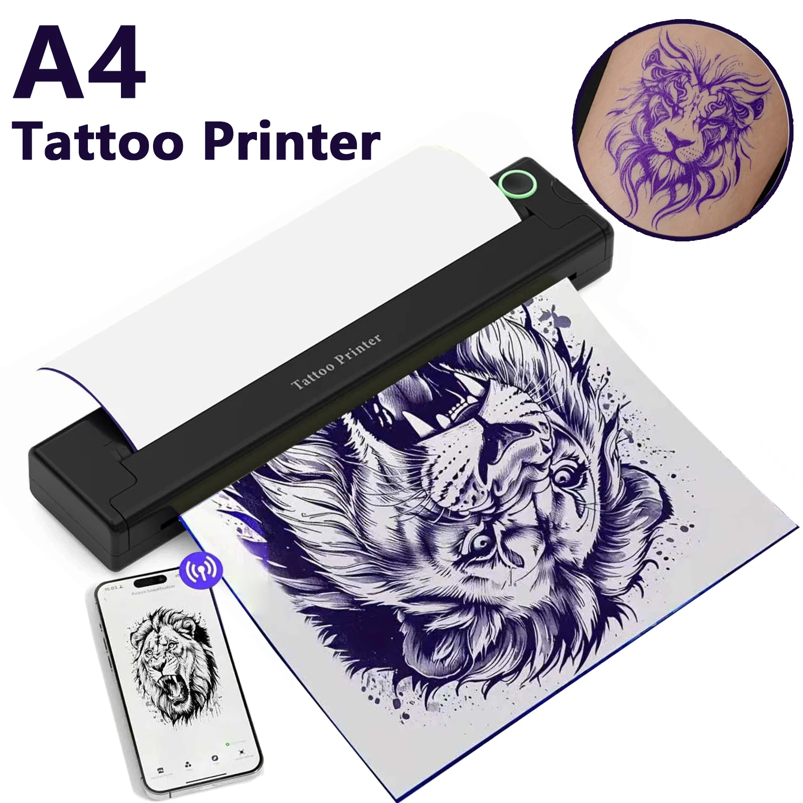 

A4 Mini Portable Printer Wireless Tattoo Transfer Printer Multifunctional Tattoo Document Printing Compatible with Phone & PC