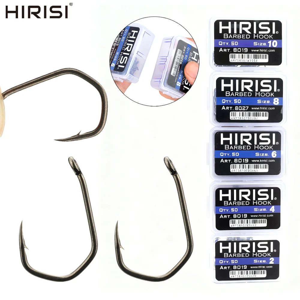 Hirisi 50 Stück Karpfen-Angelhaken mit Widerhaken, punktgenaue Krallenhaken, PTFE-beschichteter Hartstahl 8019