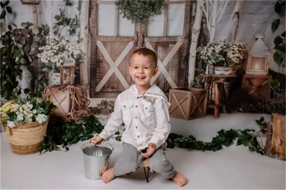 Spring Easter Backdrop Rabbit Bunny Eggs Flower Happy Easter Birthday Party Wood Board Photography Background Photo Studio