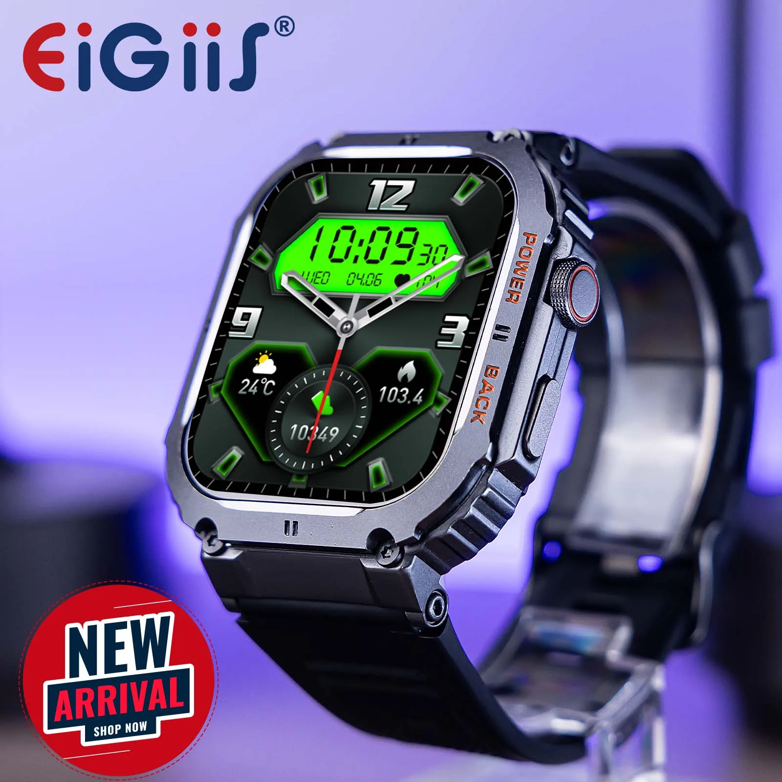 

EIGIIS Military Smart Watches For Men Bluetooth Call 1.96" HD Screen Fitness Tracker Heart Rate Blood Pressure IP68 Waterproof