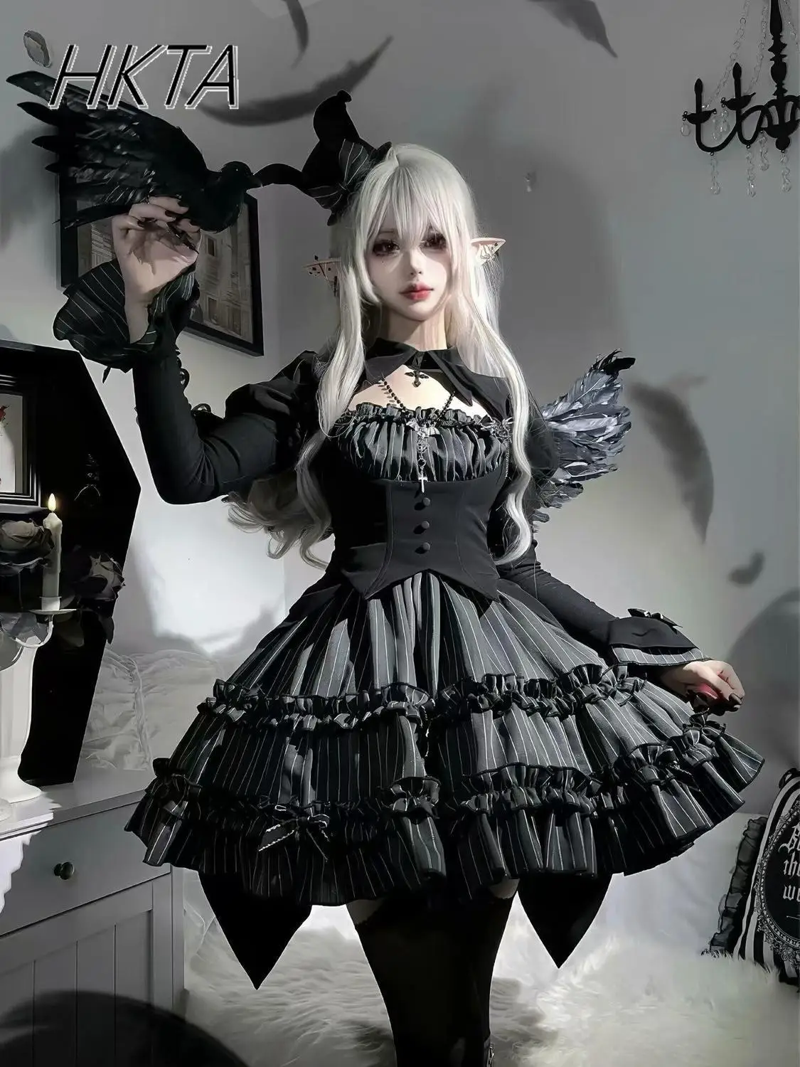 

Spring New Sweet Fake Two Piece Splicing Long Horn Sleeve Top Striped Bow Short Skirt Dark Lolita Top and Skirts Sets for Women