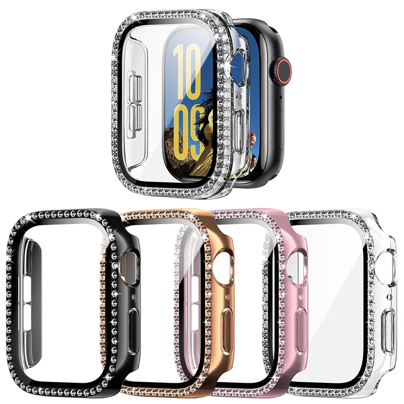 زجاج + غطاء ماسي لساعة أبل 46 مللي متر 44 مللي متر 42-41 مللي متر 45 مللي متر 40 مللي متر بلينغ واقي مصد السيارة iWatch سلسلة 10 9 8 7 6 5 4 se