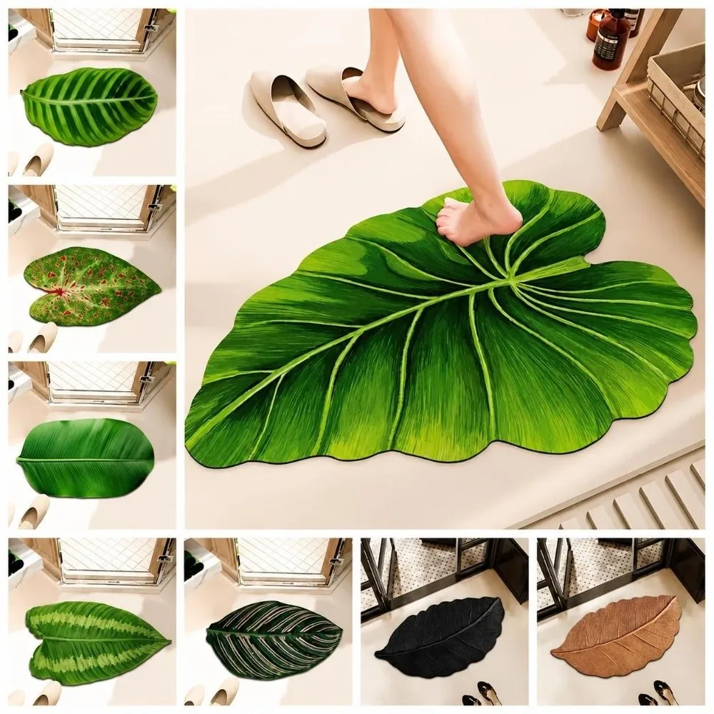 Diatom Mud Material Diatomite Floor Mat Easy To Clean Green Leaf Pattern Bathroom Foot Rug Slip Resistant Base Non Slip Doormat