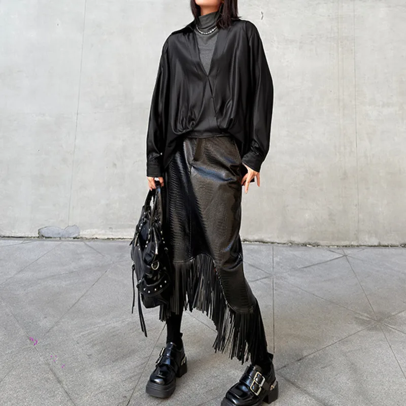 HKSH Spring Autumn New Women Shirt Solid Color Pleated Long Sleeves Fake Two-piece Dark Elegant Blouse Fashion Chic Tops HK16492