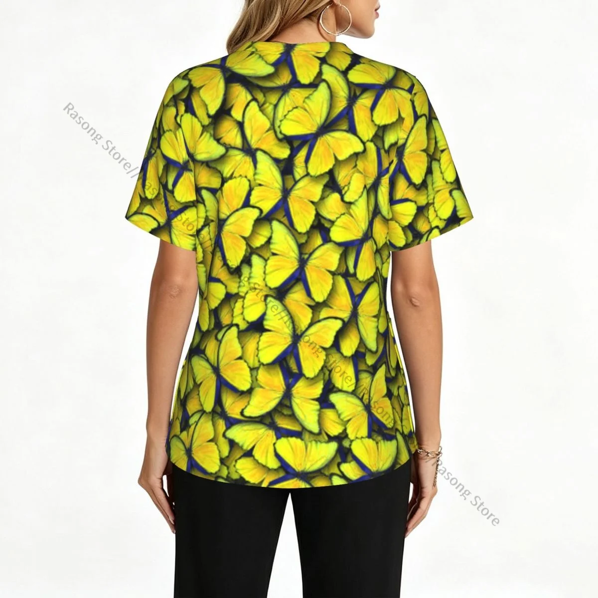 Women's Medical Scrub Top V Neck Short Sleeve Yellow Butterfly Stretch Nursing Uniform for Hospital Clinic