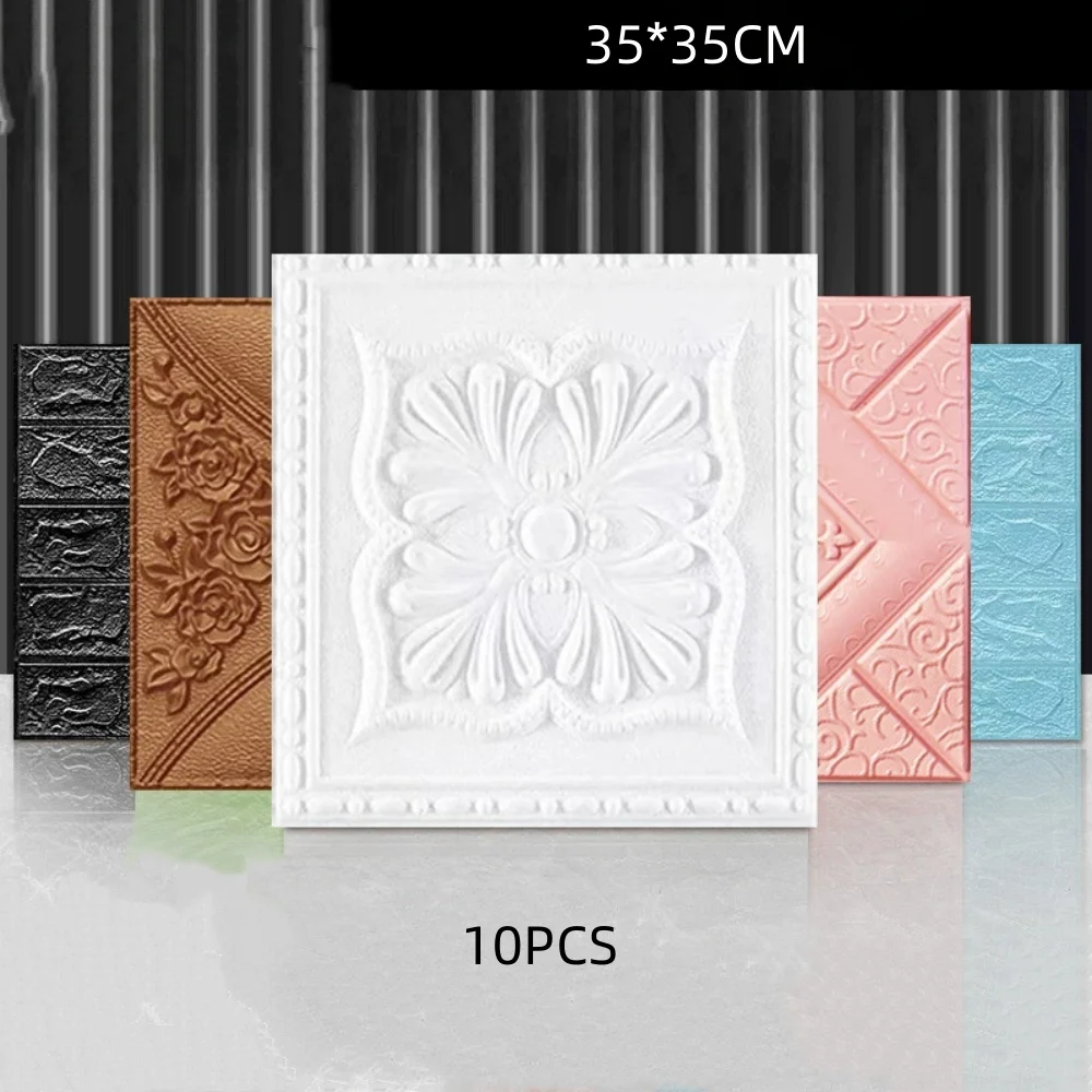 10Pcs 3D Self Adhesive Wall Panels Waterproof Foam Wall Stickers Embossed Decor Wallpaper for Ceiling Bedroom Living Room Backgr