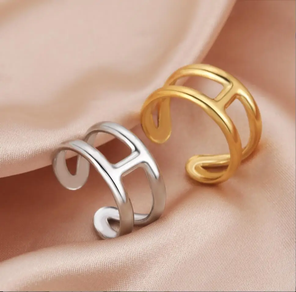1PC Stainless Steel Prevent Allergy Opening Rings Minimalist Geometric Double-layer Line Party Jewelry Gift F1068