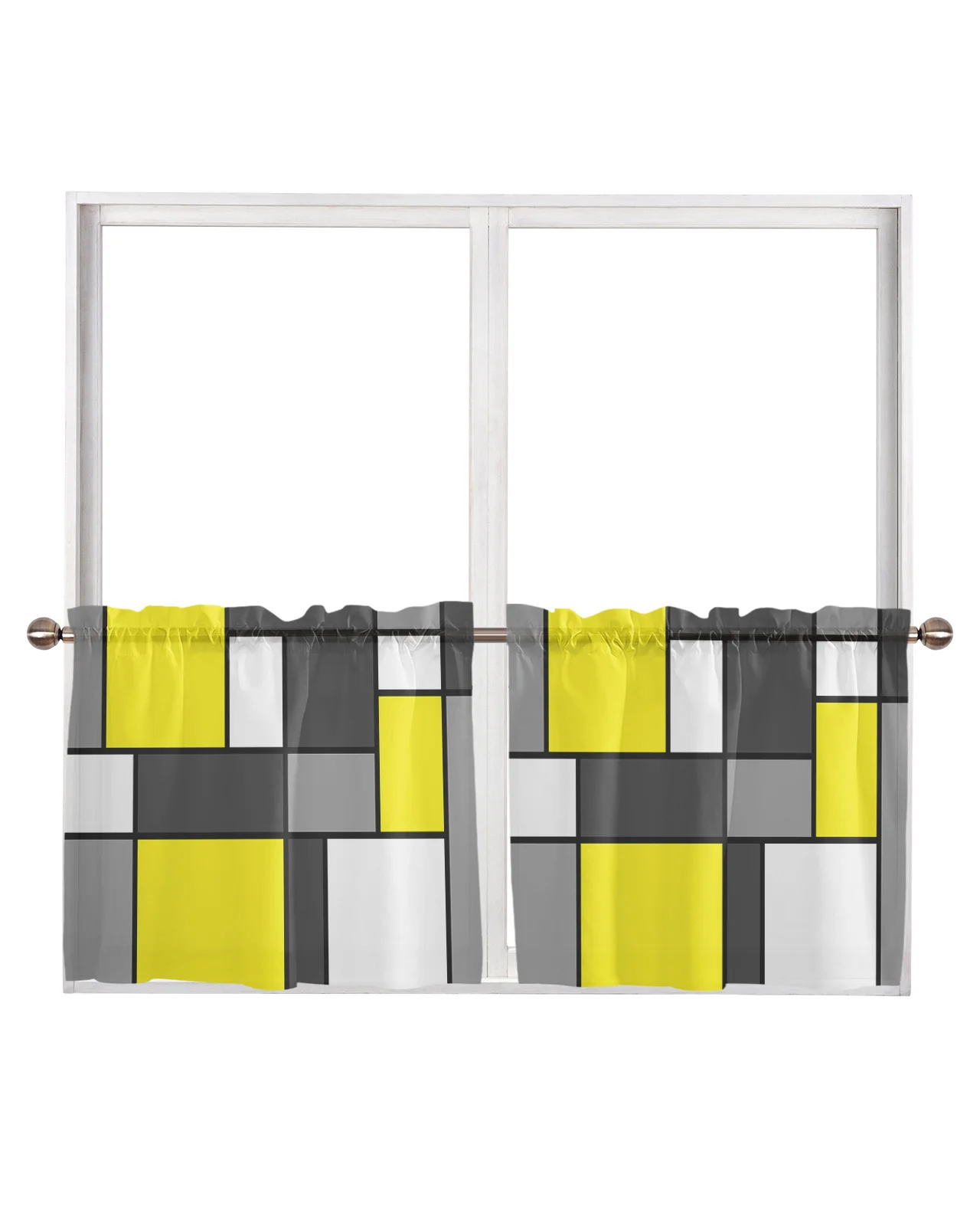 Geometric Figures Yellow Abstract Rod Pocket Short Curtain Half-Curtain For Kitchen Door Drape Cafe Small Window Sheer Curtains