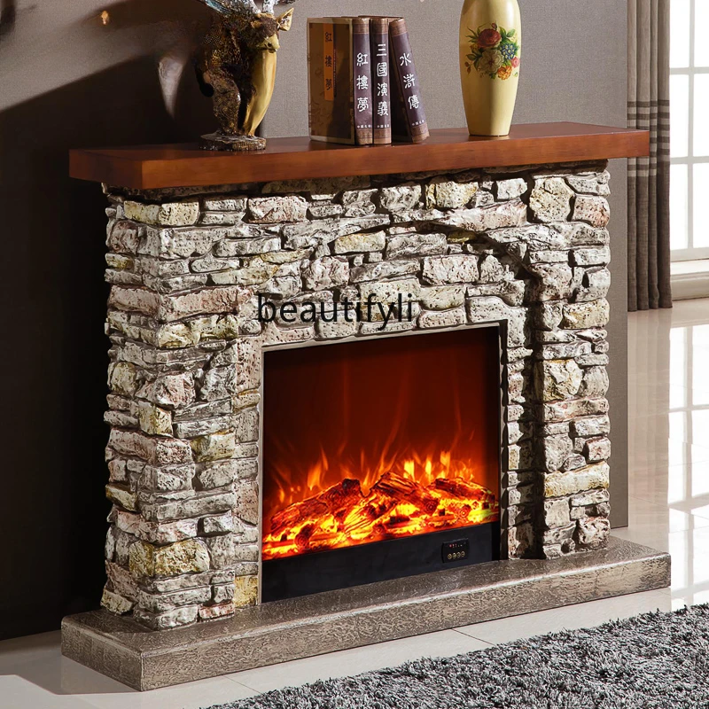 American and European Style Retro Imitation Stone Fireplace Mantel 1.2/1.3/1.42/1.5 M Simulation Flame Heating Stove Heart