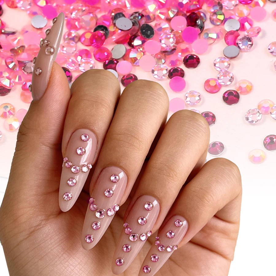 9 Grids Mixed Pink 3D Nail Rhinestone Kit, Round Flatback Aurora Crystal Gems for Nail Art & DIY Handmade Craft