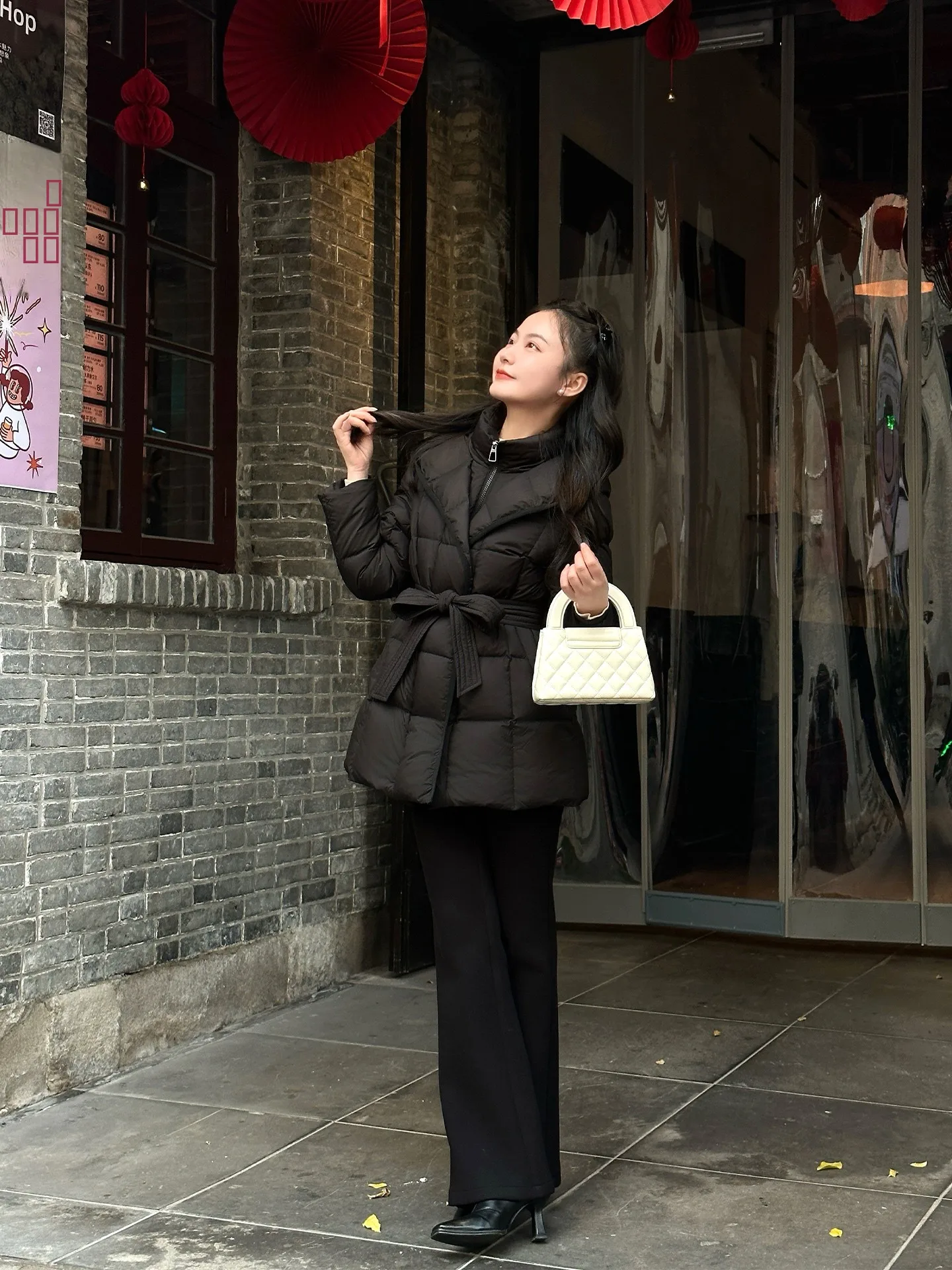 

Oufoud Estate Bla Hooded Belted Hepburn Sle Women's down Jaet Winter Warm Thiened Mid-Length Straight Cut Polyester