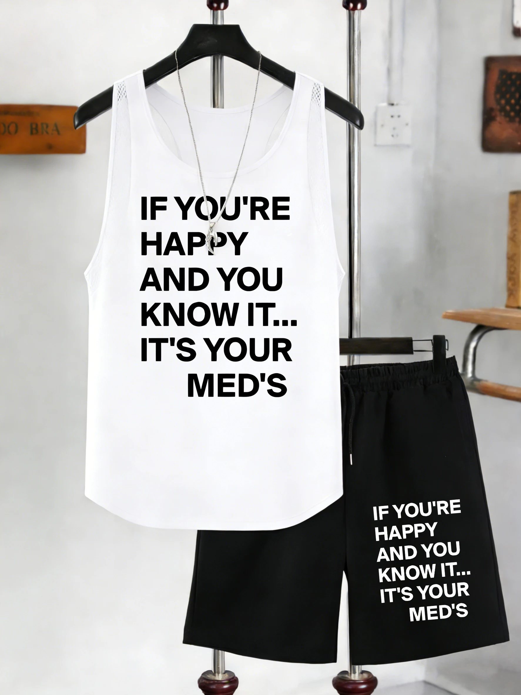 

If You Are Happy And You Know It Print Mens Mesh Tank Tops Suits Sleeveless Fitness Vest Summer Pocket Pant Wide-Leg Shorts