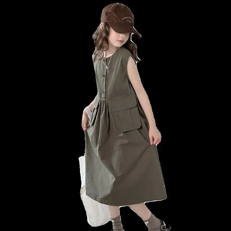 5-14Years Kids Summer Sleeveless Dresses for Girls Cotton Thank Long Dress Teens Children Casual Outfits Clothing 6 7 8 9 10 11