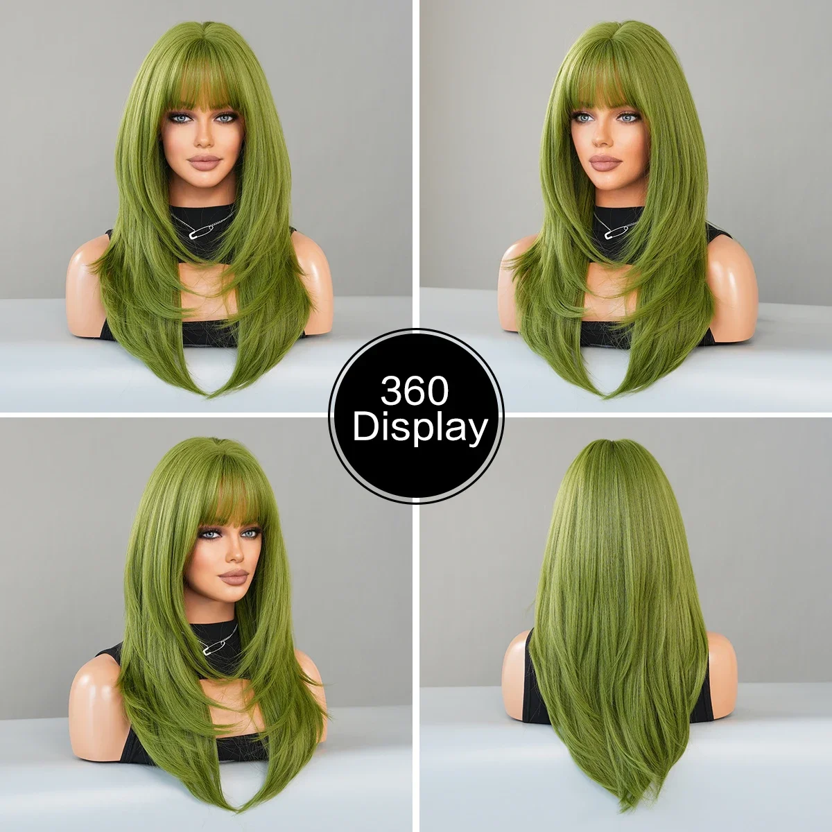 Long Straight Green Wig for Women Natural Synthetic Loose Layered Hair Wigs with Curtain Bangs High Density Vanilla Cosplay Wigs