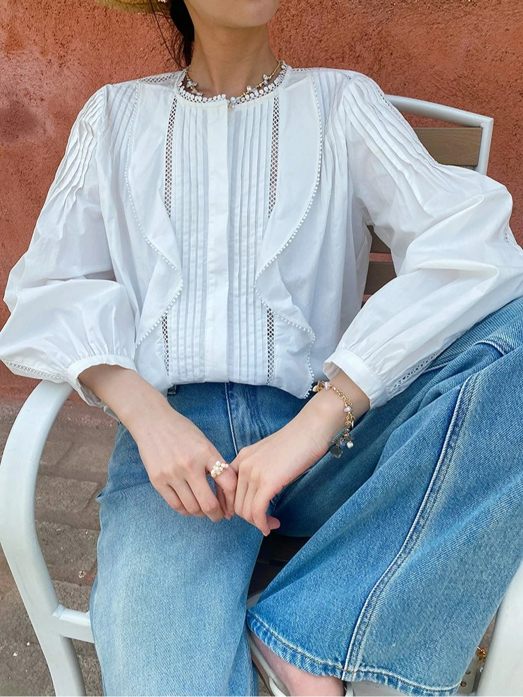 

Новая женская блузка в стиле французского шика, элегантная, белая, весна-лето, 100% хлопок, с длинным рукавом, повседневная, с рюшами, для отпуска