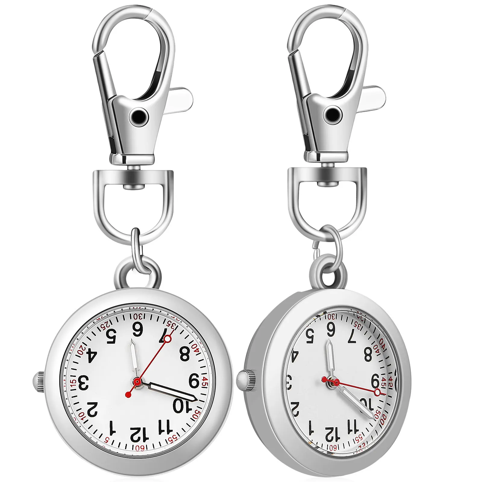 2Pcs Clip-on Nurse Pocket Watches Hanging Buckle Keyring Quartz Movement Luminous Hands Staff