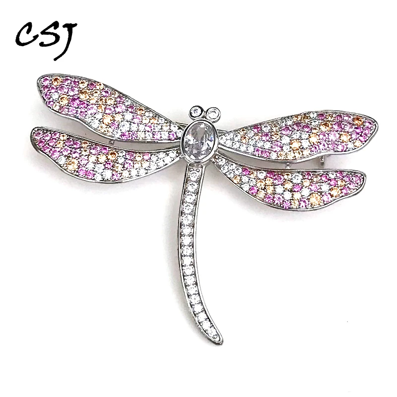 CSJ Beautiful Dragonfly Brooch Sterling 925 Silver for Women Wedding Birthday Party Jewelry Gift