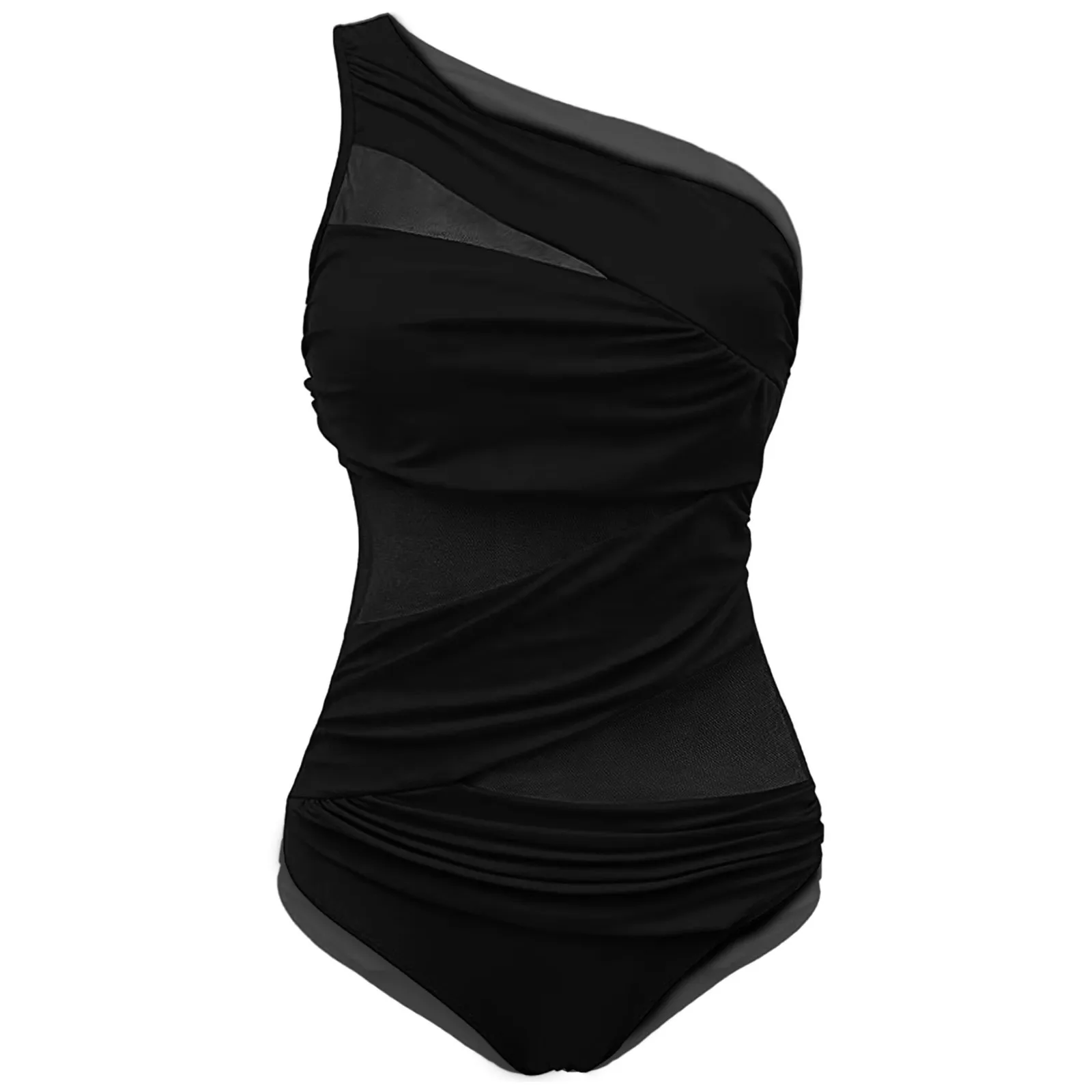 Plus Size Swimsuits Women Sexy One Shoulder Slim Swimwear For Women Mesh Solid Black Red Blue Push Up Padded Bathing Suits