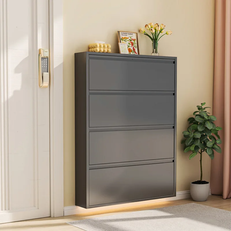 Ultra-thin tipping bucket shoe cabinet, wrought iron, simple dustproof, extremely narrow, large-capacity household entrance