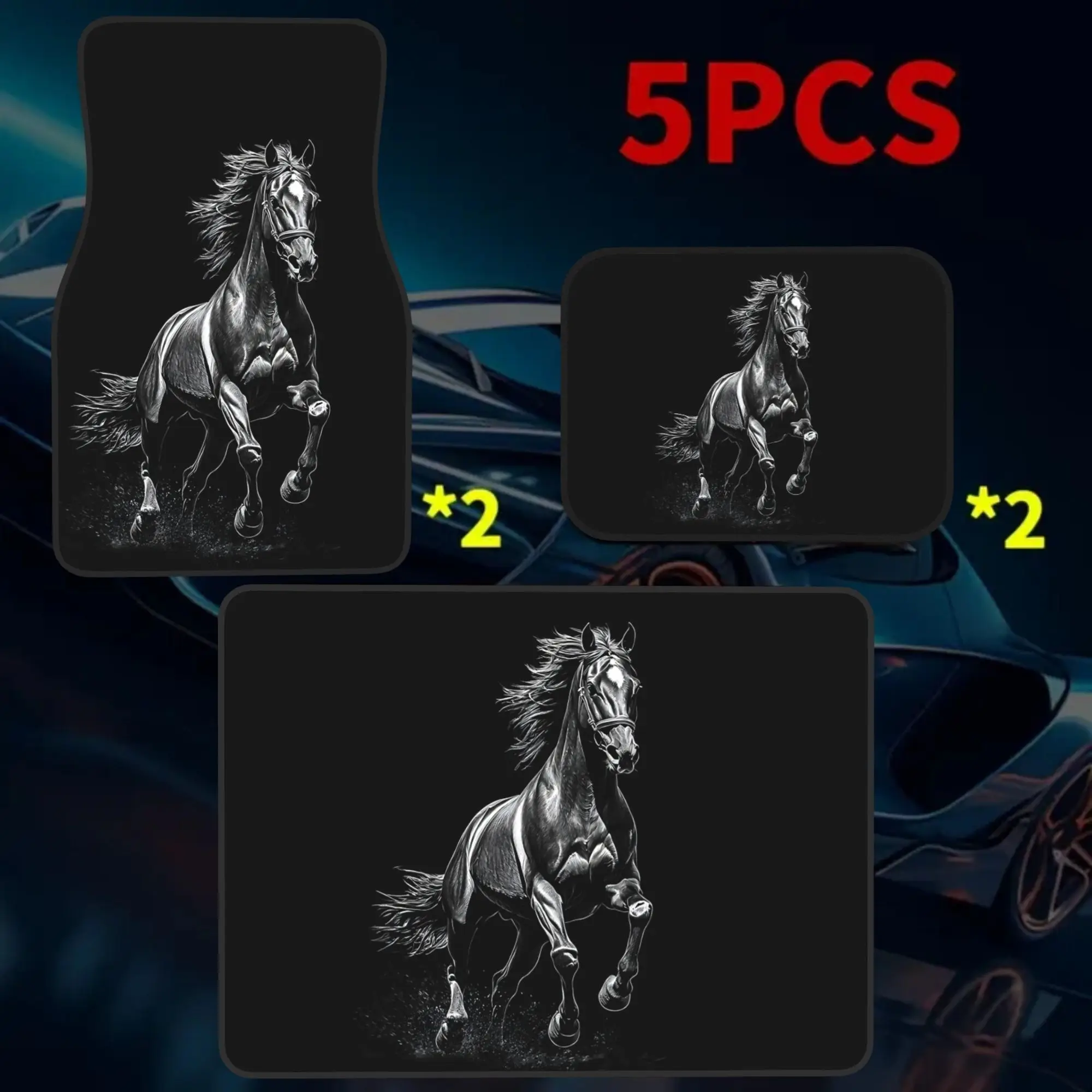 5pcs 2D Printed Galloping Horse Print Car Floor Mats & Trunk Mat Set, 4 Floor Mats + 1 Trunk Liner, Enhance Vehicle Comfort, Hal