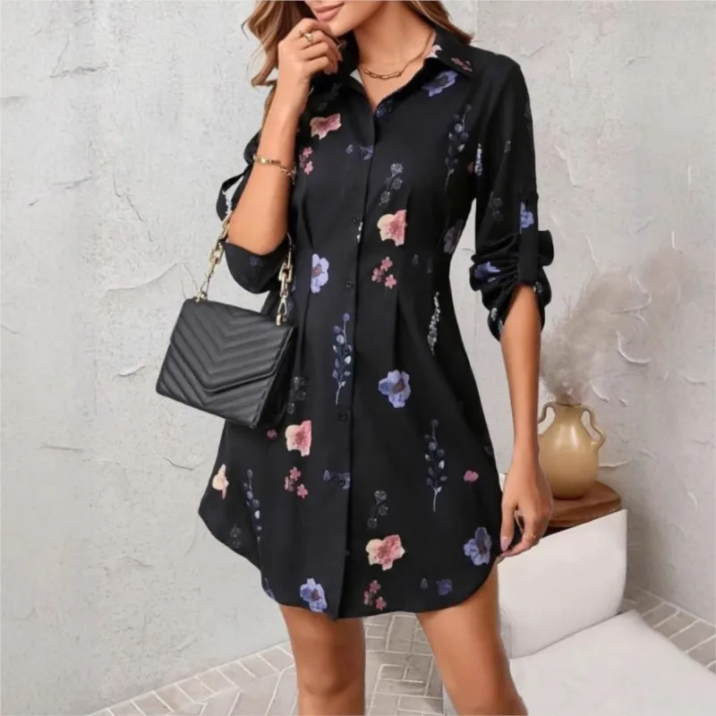 여성 셔츠 드레스 가을 캐주얼 신상 우아한 플로럴 프린트 라펠 긴팔 슬림 웨이스트 미니 드레스 여성 셔츠 베스티도스