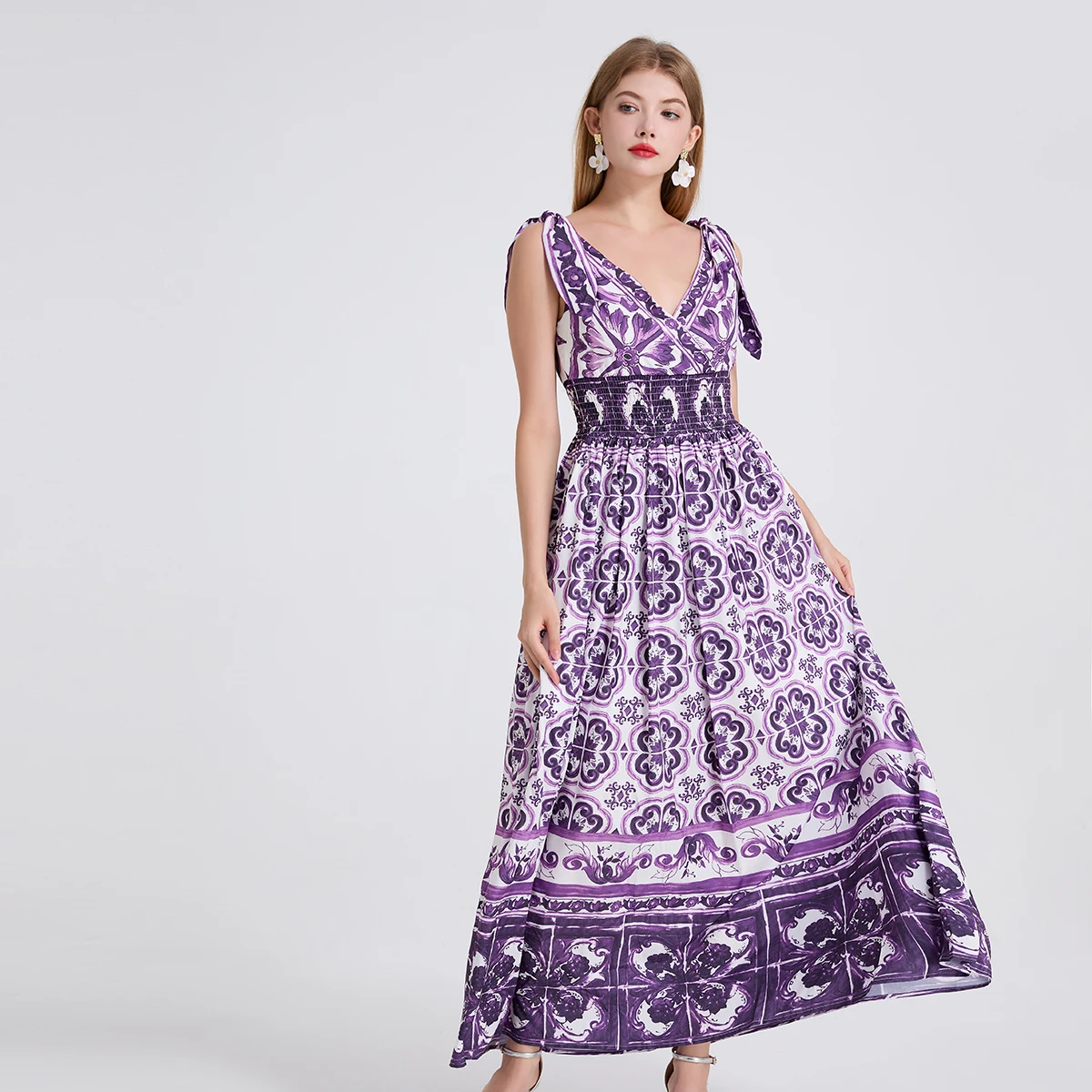 Fashion Runway Summer Floral Maxi Dress Women Straps Bow Purple Blue White Porcelain Print Elastic Waist Holiday Beach Dresses