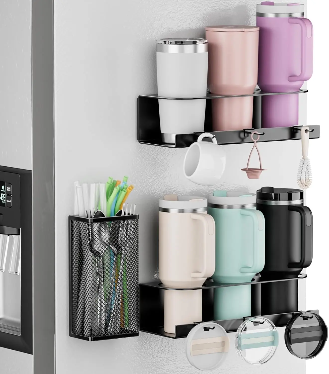 

Магнитный держатель для стаканов (2 шт.) с корзинкой для соломинок и крючками - Органайзер для холодильника для больших стаканов объемом до 40 унций