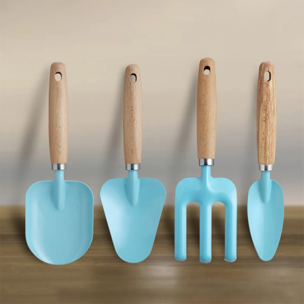 4-Tool For childrens Gardening Set with Solid Wood Handles and Smooth-Metal Working Ends for Safe Ground Interaction