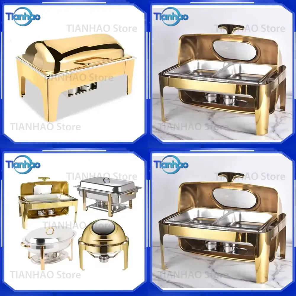 Alcohol Heating Food Pot for Hotel Kitchenware Stainless Steel Gold Rectangular Dining Stove