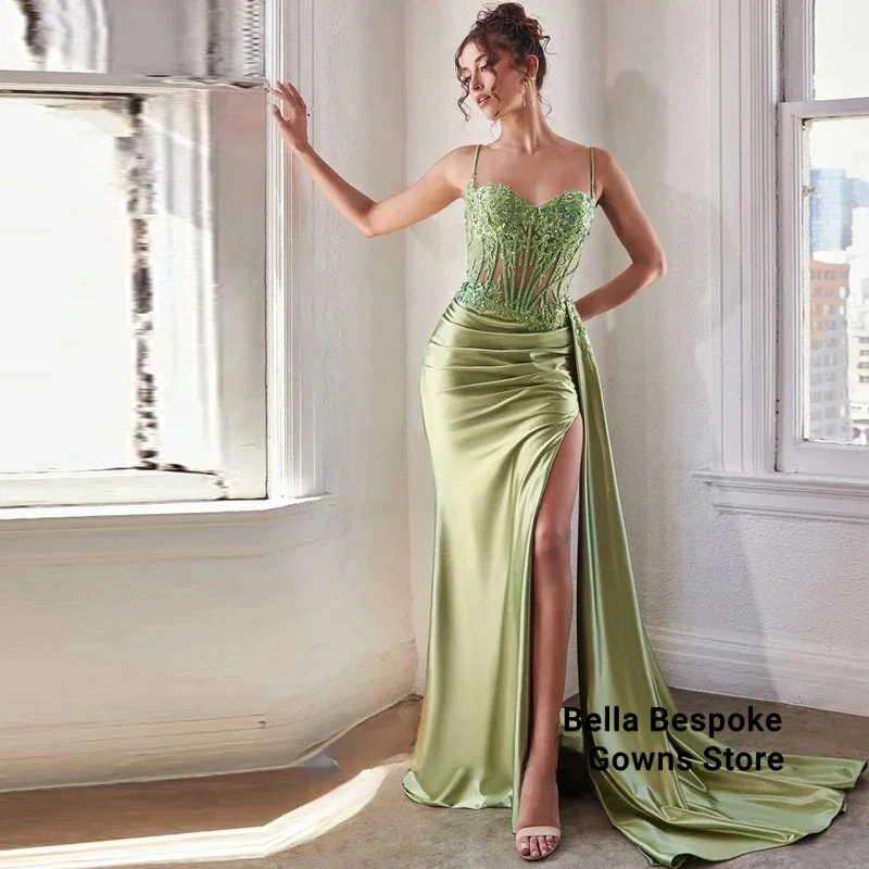 

Attractive Mermaid Prom Dress for Women Spaghetti Straps Pleat Appliques Sleeveless Vestido De Formatura Customized