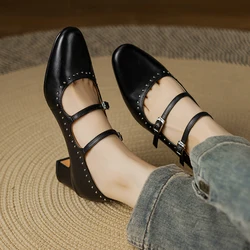 2025 Fashion Women Pumps Shoes Chunky High Heels Leather Mary Jane Vintage Summer Round Toe Shoes Spring Woman Black Size 34-40
