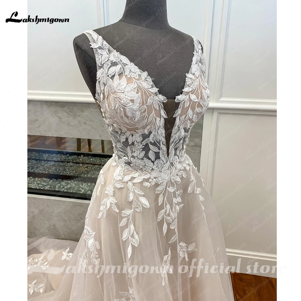 Helles Champagnerfarbenes Boho-Hochzeitskleid mit Maßanfertigung, Spitzenapplikationen, Tüll, Langes Brautkleid für Strandhochzeiten, Prinzessinnen-Brautkleid – Detail 6