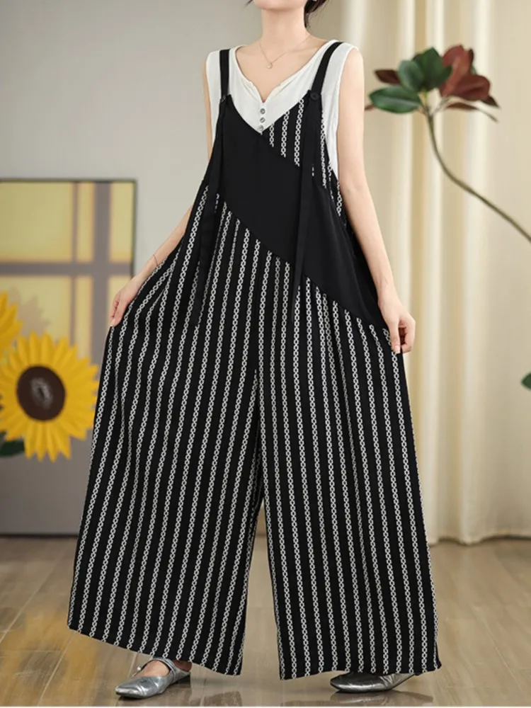 Oversized Summer Sleeveless Striped Print Jumpsuit Women Loose Wide Leg Fashion Ladies Jumpsuits Casual Woman Overalls Jumpsuit