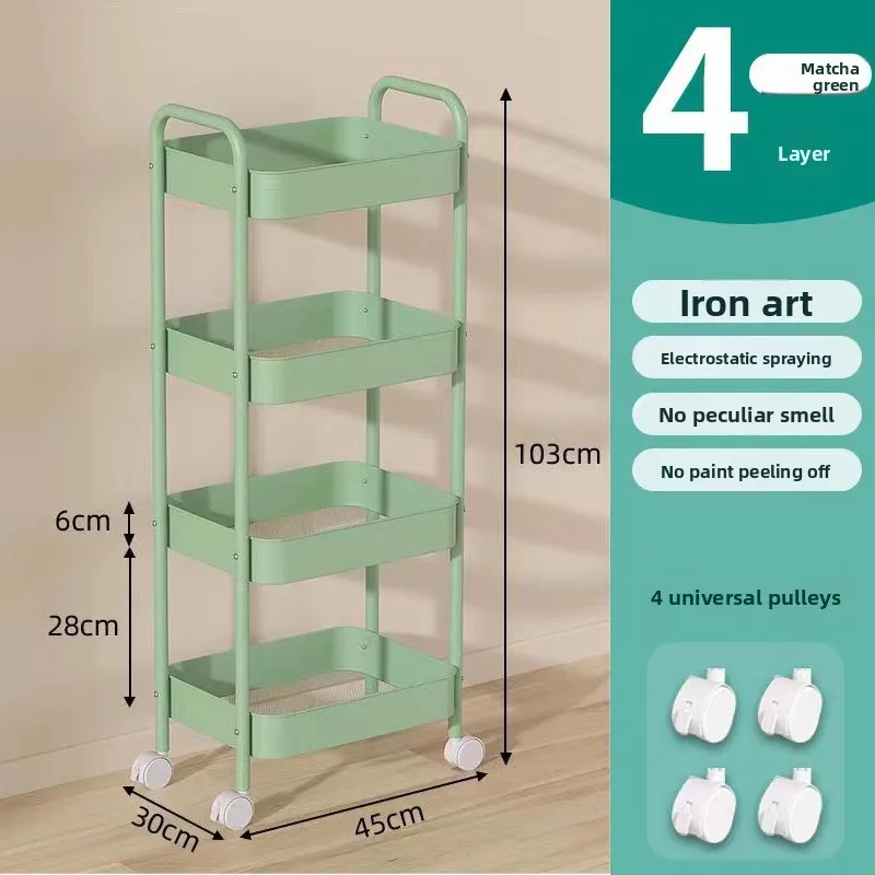 Carbon Steel Movable Rolling Cart Storage Rack Multi-Layer Floor Standing for Kitchen Bathroom Living Room Snacks Organization