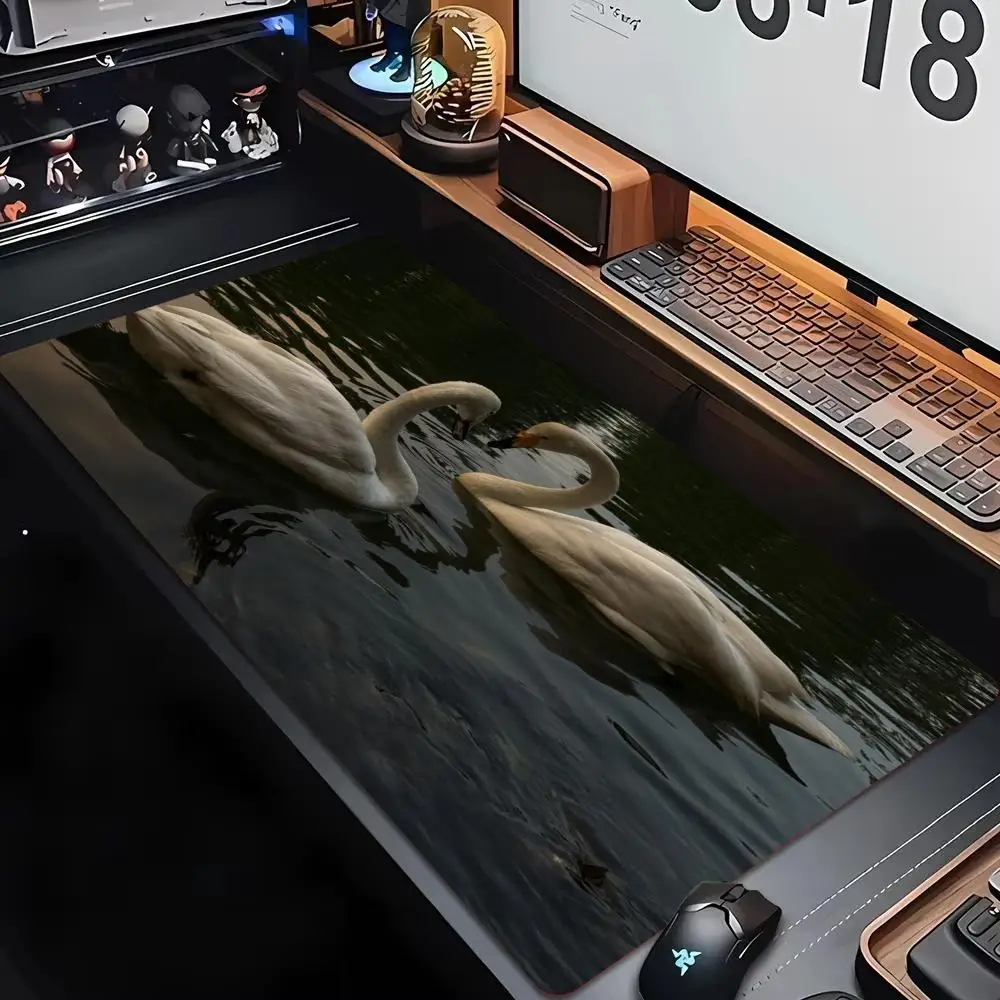 XXL Gaming Mouse Pad White Swan Heart Shape Lake Pattern Deskmat Non-Slip Rubber Keyboard Mat Water Fowl Desktop Table Mat ****