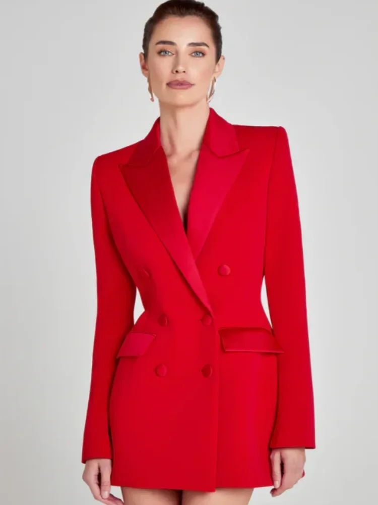 

Sexy V Neck Long Sleeve Patchwork Mini Dress Women Red Double Breasted Slim Blazer Dresses Elegant Evening Party Cocktail Gowns