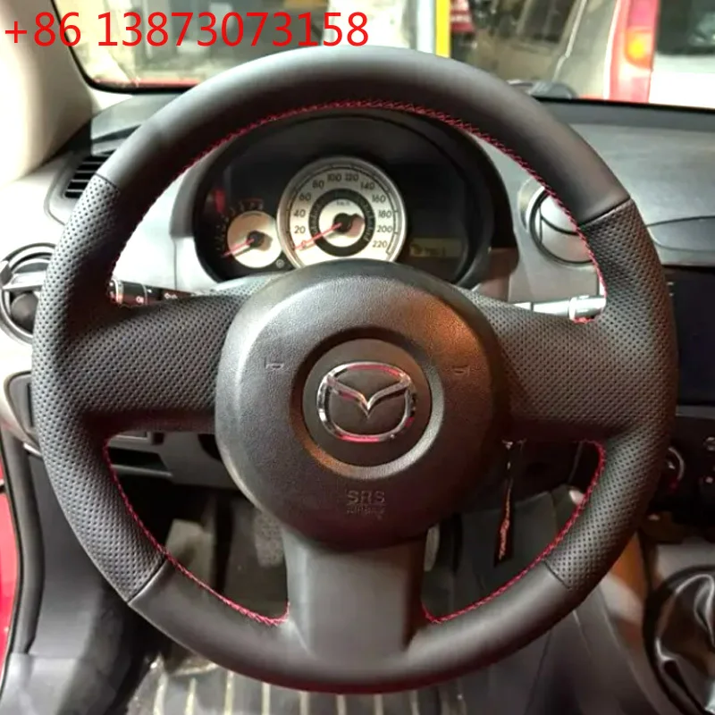 For Mazda 2 2009 2010 2011 2012 Customize Hand-stitched Non-slip Black Leather Car Steering Wheel Cover Interior Accessories