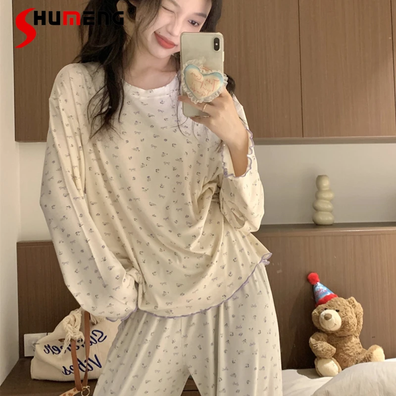 

Purple Floral Pajamas for Women Spring Autumn Long Sleeve Cotton Homewear Set for Winter Round Neck Ladies Loungewear Suits