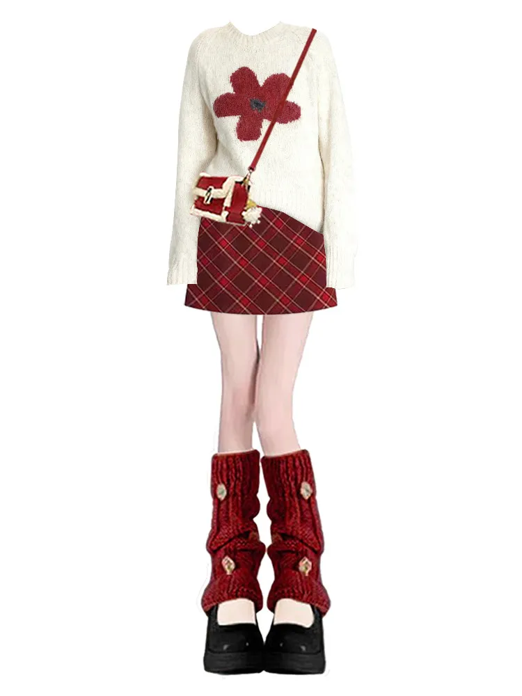 College Sle Red Flower Knitted Sweater Plaid Skirt Women's Winter Faion Set Younglooking Twopcs round Ne Long Sve