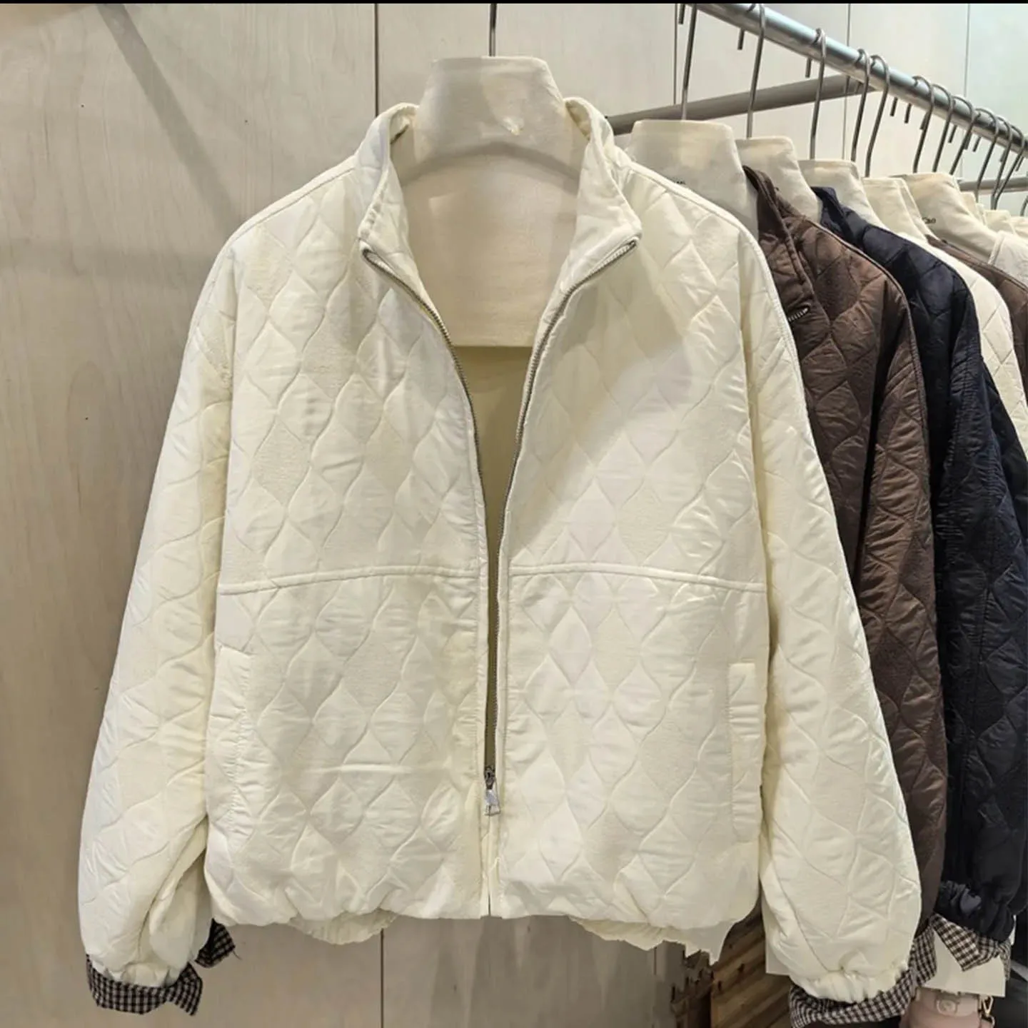 

Women Solid Spliced Parkas Coats Plaid Short Jacket Zipper Long Sleeves Stand Collar Loose Fit Thick Casual 2025 Autumn Winter