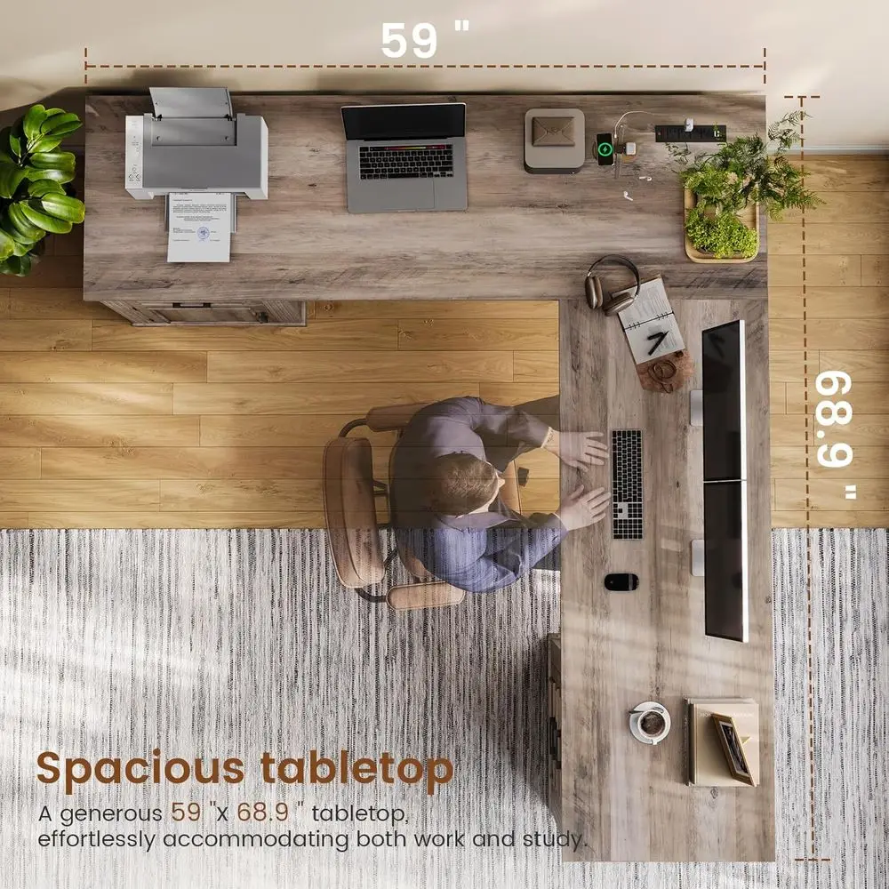 Farmhouse Executive L Shaped Desk, Home Office Desk with File Drawer and Power Outlet, Computer Corner Desk with Drawers