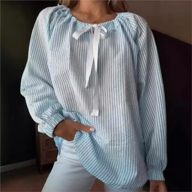2025 outono e inverno novo estilo camisa feminina elegante e casual viajando chiffon camisa listrado rendas de manga comprida topo