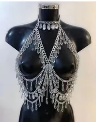 2024 Sexy acrylic sequin crystal pendant spliced metal chain Fashion cutout body chain