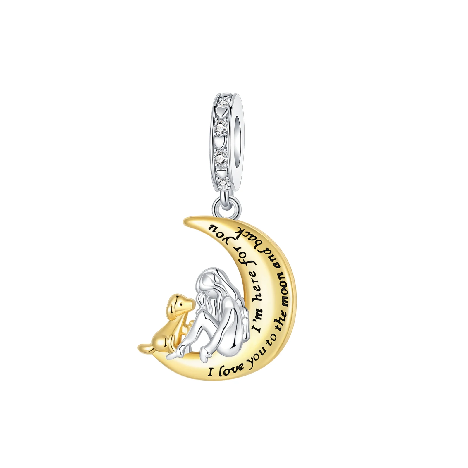 

Girl & Dog "I Love You to the Moon and Back" Dangle Charm 925 Sterling Silver Pet Love Friendship Bead Fits Bracelets Gift